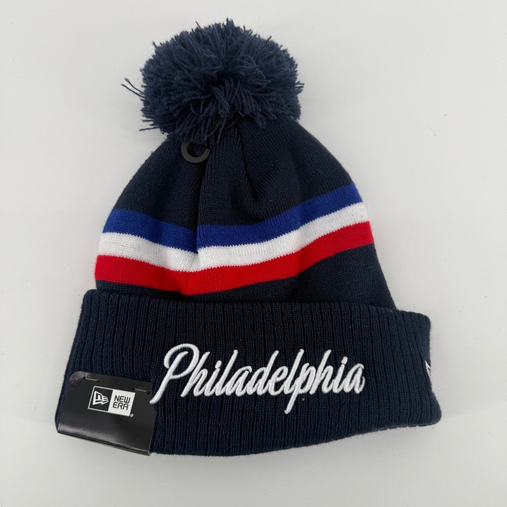 New Era Philadelphia 76ers NBA Navy Blue Striped Cuffed Pom Beanie Hat OSFM